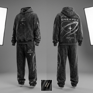 ชุดเซ็ตเสื้อฮู้ดดี้โอเวอร์ไซส์สีเทาเข้มแบบวอชและกางเกงวอร์มพิมพ์ลายกราฟิก Apex สไตล์สตรีทแวร์ลำลองสองชิ้นสำหรับผู้ชาย - Product Image 2