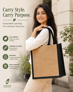 Jute Tote <b>Bag</b> Small Size Black Trim Top Handle <b>Reusable</b> Heavy Duty Beach & Gift Use Groceries Carrier - Product Image 4