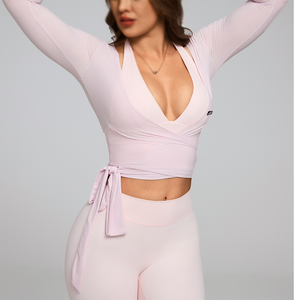 Custom Women Cross Wrap Long Sleeve Yoga Top Light Halter Neck Fitness Crop Top Soft Breathable Dance <b>Workout</b> Shirt - Product Image 2