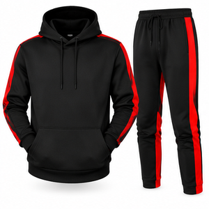 <b>Men's</b> Black Red Hooded Tracksuit Set Full Sleeve Solid Color Sporty Casual Breathable Quick Dry Cotton Streetwear Lightweight - Product Image 1