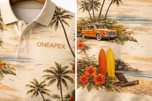 Polo Vintage Tropical para Hombre – Camiseta Polo Casual con Estampado de Palmeras al Atardecer en la Playa - Product Image 3