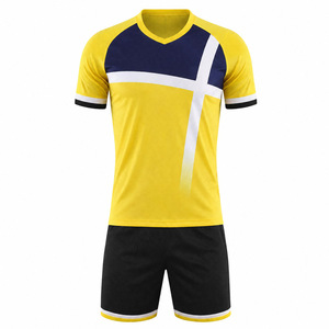 Ensemble maillot et short de handball professionnel jaune et bleu pour homme, col en V, manches courtes, uniforme sportif personnalisé pour équipe, anti-humidité 100% - Product Image 1