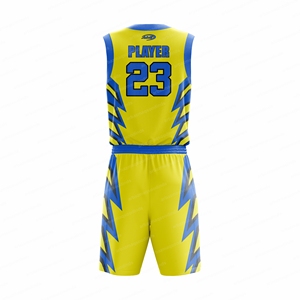 Conjunto de Camiseta y Pantalones Cortos de Baloncesto Personalizados AMI SPORTS, Diseño Geométrico Amarillo y Azul Sublimado, Ropa Deportiva Unisex para Adultos - Product Image 3