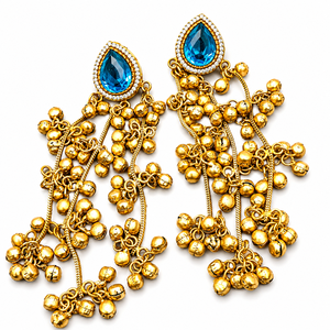Pendientes Colgantes Azules de Latón Chapado en Oro de 18k, Estilo Bohemio Ghungroo, con Bisel, Tradicionales de Cachemira, Antiguos, para Boda, Venta al por Mayor - Product Image 1