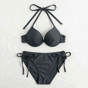 Conjunto de bikini para mujer, traje de baño con cuello halter, traje de baño sexy a rayas de cintura alta, traje de baño de dos piezas con diseño dividido para vacaciones - Product Image 4