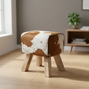 Taburete de Cuero Vacuno Vintage con Patas de Madera Rústicas, Reposapiés Tapizado, Banco Otomano - Product Image 2