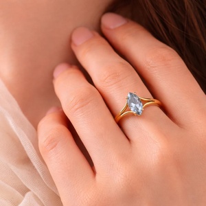 14K Gold Plated Bohemian Christian Style Marquise Cut Aquamarine <b>Ring</b> Women <b>Split</b> Shank Solitaire Anniversary Gift Jewelry - Product Image 5