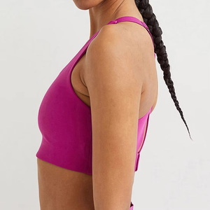 Sujetador deportivo rosa para mujer, estilo racerback, cuello redondo, sin costuras, soporte medio, transpirable, top de yoga, color liso, estilo sencillo - Product Image 3