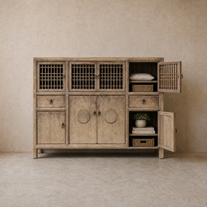 <b>Rustic</b> Wood <b>Sideboard</b> Cabinet with Lattice Doors and Drawers Antique Storage Console for Dining Room Furniture - Product Image 4