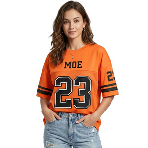 Maillot de football américain Y2K surdimensionné pour femme, orange, personnalisé, en maille, style streetwear, respirant, pour le jour du match, par le fabricant de t-shirts de sport - Product Image 1