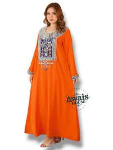 Abaya de poliéster naranja bordada para mujer Awais House, cuello corazón, manga larga, largo hasta el suelo, ajuste holgado, ropa modesta para oración - Product Image 4