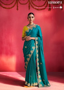 Sari de satén de seda brillante de diseño gujarati LAMOUNT con bordado completo en C Pallu y trabajo de corte, ideal para fiestas de invierno, estilo étnico y caída tradicional. - Product Image 1