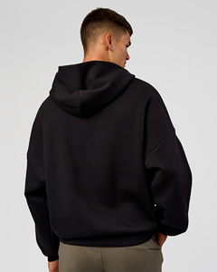 Sudadera con Capucha Negra Oversize para Hombre, Manga Regular, Forro Polar, Casual, Otoño, Color Sólido, Diseño con Bolsillos, Tejido de Punto - Product Image 2