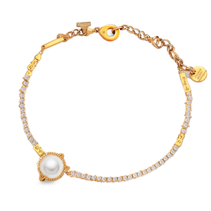 NOVA Women's 18K <b>Gold</b> Bezel Setting Octagon Emerald Cut Diamond Charm Bracelet with Freshwater Pearl for Everyday Wear - Product Image 2