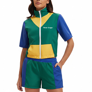 ชุดเซ็ตเสื้อผ้าลำลองน้ำหนักเบาสำหรับผู้หญิง ผลิตจากไนลอน 100% รุ่นใหม่ล่าสุดปี 2025 พร้อมปักโลโก้ตามสั่ง ดีไซน์สีตัดต่อแบบกันลม - Product Image 1