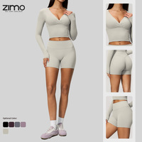 Ensemble de shorts de yoga à manches longues en Spandex/Nylon, col en V, couleurs unies, respirant, écologique, léger, séchage rapide, grandes tailles, OEM/ODM