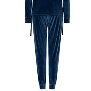 Ensemble de survêtement décontracté pour femme en velours bleu marine avec capuche, sweat-shirt et pantalon pleine longueur, couleur unie, pour l'automne - Product Image 1