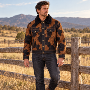 Veste Western Homme Personnalisée en Cuir de Vachette Marron Tabac et Noir avec Col en V, Manteau de Cowboy pour Ranch, Fabricant OEM en Gros, Export Hiver - Product Image 5