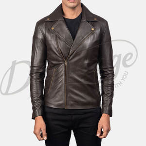 Veste de motard en cuir marron foncé pour homme, en véritable peau de mouton, coupe ajustée, automne-hiver, décontractée, avec fermeture éclair asymétrique - Product Image 5