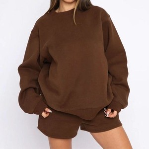 Women Oversized Crew Neck Sweatshirt Set Solid Color Knitted Cotton <b>Drop</b> Shoulder Long Sleeve Breathable Autumn Wear - Product Image 2