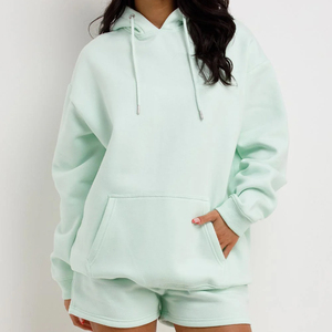 Sudadera con capucha verde menta para mujer, con cordón y bolsillos laterales, corte holgado informal, manga larga, color liso, para primavera - Product Image 5