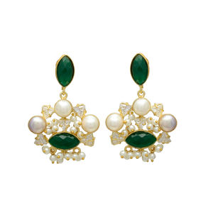 Boucles d'oreilles pendantes pour femme en laiton plaqué or 24 carats, saphir bleu naturel et perle, style vintage, magnifiques, pour mariage - Product Image 1