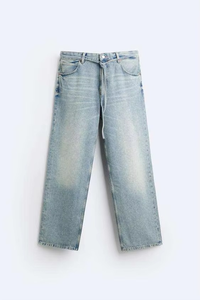 Ultra-Wide Leg <b>Bleached</b> Denim Baggy Jeans Men Light Blue Men's Straight-Leg Washed Cotton Jeans Heavyweight Streetwear Plus Size - Product Image 3