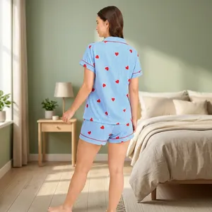 Ensemble de pyjama pour femmes à manches courtes avec imprimé cœur rayé, en coton, vêtements de nuit d'été, col rabattu mignon, short à boutons - Product Image 4