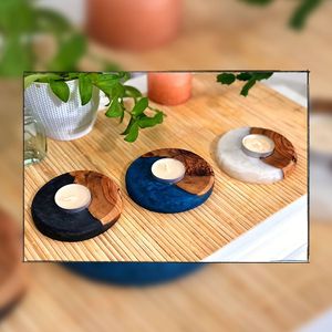 Portavelas de madera para velas de té, ecológico, hecho a mano, tipo centro de mesa con raíz de madera y resina epoxi - Product Image 3