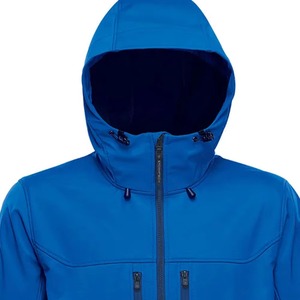 Custom Logo Unisex Blue <b>Hooded</b> Waterproof Sporty <b>Soft</b> <b>Shell</b> <b>Jacket</b> With Zipper Closure And Pockets Regular Fit Winter Wear - Product Image 2