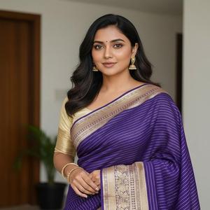 Sari en Georgette de Soie avec Bordure Tissée Lourde Style Moderne pour Soirée, Doublure Zari et Blouse en Viscose Contrastante - Product Image 1