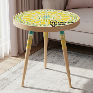 Yellow Meena Design Wooden <b>Stool</b> – Handcrafted <b>Round</b> Decorative Accent <b>Stool</b> for Living Room & Bedroom - Product Image 1