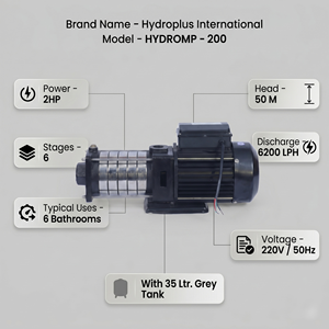 Ensemble de pompe de surpression Hydroplus International 2HP 6 étapes avec réservoir de 35L Denfoss KP35 pour système de pression d'eau pour 6 salles de bain - Product Image 2