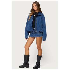 Women blue Color Cropped Leather Avirex Jacket Women Turn-Down Collar <b>Zipper</b> Leather Jacket Avirex Leather Jackets for Women - Product Image 6