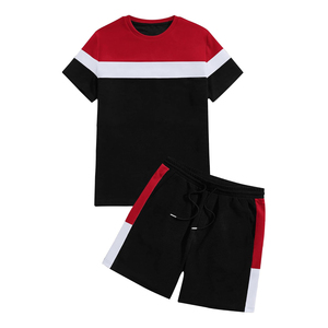 Conjunto de camiseta y pantalones cortos de verano para hombre, con bloques de color, cuello redondo, transpirable, de punto, poliéster y algodón, ropa deportiva. - Product Image 3