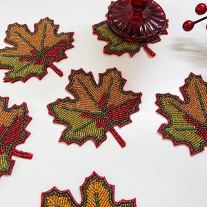 Assorted Pumpkin Glass Seed Bead Coaster Set Autumn Harvest Halloween <b>Table</b> <b>Mat</b> For Holiday Season Kitchen Dining Home - Product Image 2