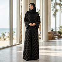Abaya noire tricotée sur mesure ODM pour femme, avec motif losanges dorés, devant ouvert, manches longues, robe kaftan musulmane, tenue modeste du Moyen-Orient, OEM