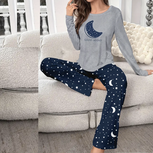 Traje de noche con estampado de algodón para mujer, paquete de 2 ropa de dormir, conjuntos de pijamas para mujer, pijamas de Jersey, patrón de estampado, cuello redondo de punto - Product Image 4