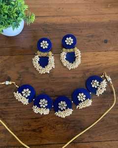 Handcrafted Royal <b>Blue</b> Fabric Choker Set Floral Kundan Fashion Jewelry Drop Earrings Ethnic Jewelry Wholesale Fashion <b>Necklaces</b> - Product Image 2