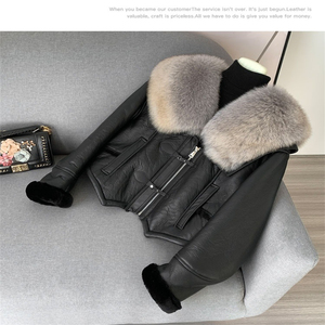 Unisex Merino <b>Shearling</b> Leather Streetwear Fur Turtleneck Collar Waterproof Casual Luxury Winter <b>Bomber</b> <b>Jacket</b> Front - Product Image 2