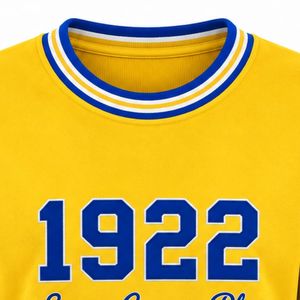 Pull en tricot jaune pour femme Sigma Gamma Rho, col rond, lettres grecques brodées bleues 1922, col et poignets rayés blancs - Product Image 2