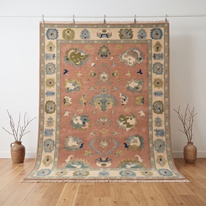 Tapis Oushak noué à la main, motif floral vintage rose, tapis traditionnel turc, laine faite à la main - Product Image 1