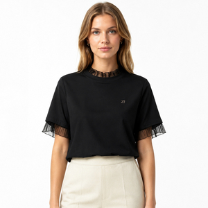 2026 Trendy Elegant Mesh Ruffle Trim Black Short Sleeve Crewneck Top Summer Casual Solid Color Blouse Oem Custom Women's Shirts - Product Image 1