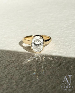 Oval Cut Moissanite Solitaire Engagement <b>Ring</b> with Bezel Setting in White Gold Plated <b>Silver</b> for <b>Women</b>-Anniversary <b>Wedding</b> Band - Product Image 1