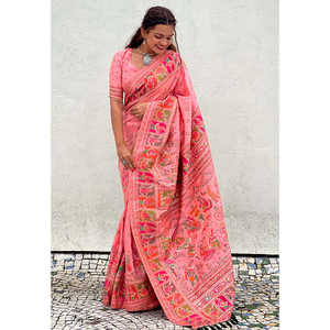 ชุดราตรีผ้าไหมแคชเมียร์สีชมพู แบรนด์ Elite Weaves พร้อมผ้าพัชมีนาและลายปักดิ้นทอง น้ำหนัก 700 กรัม - Product Image 4