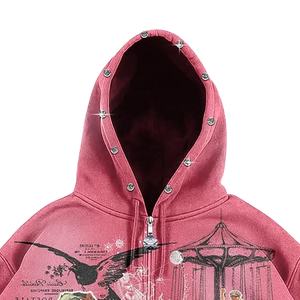 Sweat à capuche en molleton French Terry, coupe ample, entièrement personnalisé, rouge rose vintage, avec fermeture éclair, clous en strass et cristaux, imprimé graphique DTG - Product Image 4