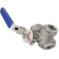 Válvula de bola manual de 3 vías, 1 pulgada NPT, rosca hembra, cuerpo de acero al carbono, sello de PTFE, para uso con agua a temperatura normal.