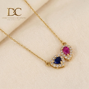 14KT <b>Solid</b> Yellow <b>Gold</b> Necklace <b>Pendant</b> with Lab Grown Diamond and Lab Grown Pink Tourmaline and Blue Sapphire Women's Jewelry - Product Image 2