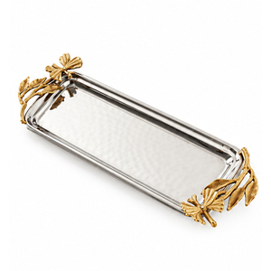 Plateau de service rond de luxe en acier inoxydable martelé avec poignées en forme de branche florale dorée, plateau décoratif en métal pour ottoman et fruits, vente en gros - Product Image 3