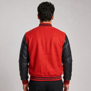 Men's Red Varsity <b>Jacket</b> Black Leather Sleeves <b>Star</b> Embroidery Button Closure Casual Autumn Wear Regular Fit - Product Image 2